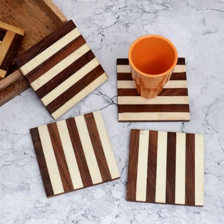 Brown and White Coloured Wooden Coasters Pack of 4
